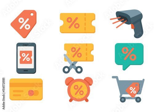 Discount Icons Collection. Flat icon set of using discounts and coupons: percentage tag, coupon ticket,