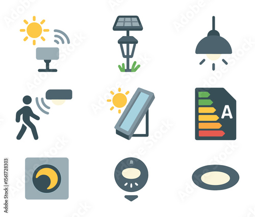 Eco-Friendly Lighting Icons. Flat icon set of low-energy lighting design: daylight sensor, solar garden light,