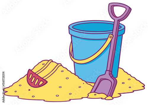 Summer vacation beach toys bucket and shovel with sand for kids fun time vector illustration