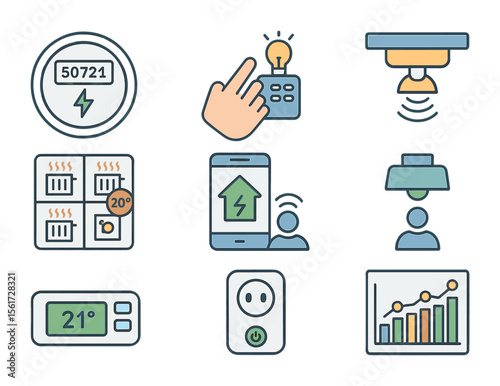 Smart Energy Icon Set. Flat icon set of smart energy-saving tech: smart meter, remote lighting control, motion