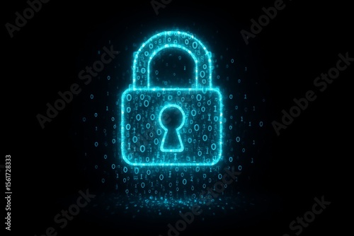 Digital lock symbol glowing in binary code on a dark background representing cybersecurity and data protection