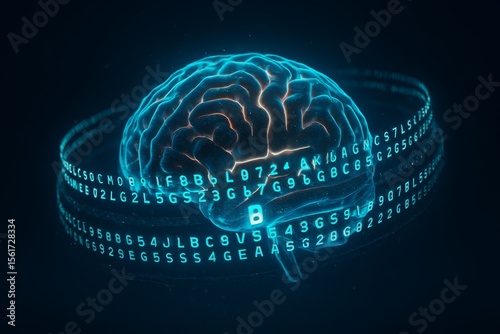Digital representation of a human brain surrounded by binary code in a futuristic setting