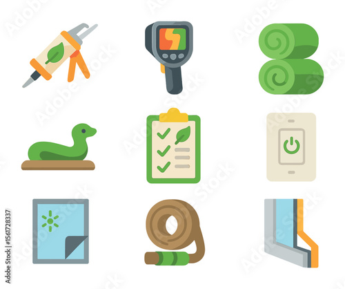 Eco Renovation Icons. Flat icon set of eco-friendly renovation tools: caulking gun, thermal camera, insulation