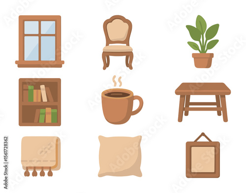 Cozy Home Icons. Flat icon set of environmental storytelling portraits: window light, vintage chair, indoor