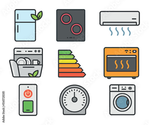 Energy-Saving Appliance Icons. Flat icon set of energy-saving appliances: energy-efficient fridge, induction