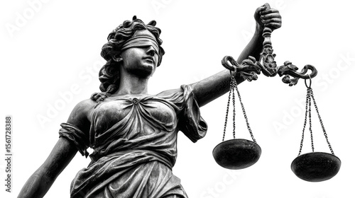 Blind Lady Justice Statue with Scales Isolated in Black and White