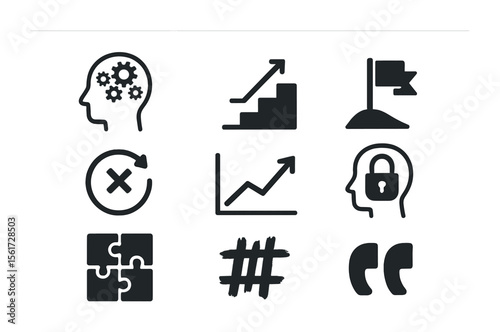Growth Mindset Icons. Flat icon set of growth mindset themes: open head with gears, rising steps, challenge