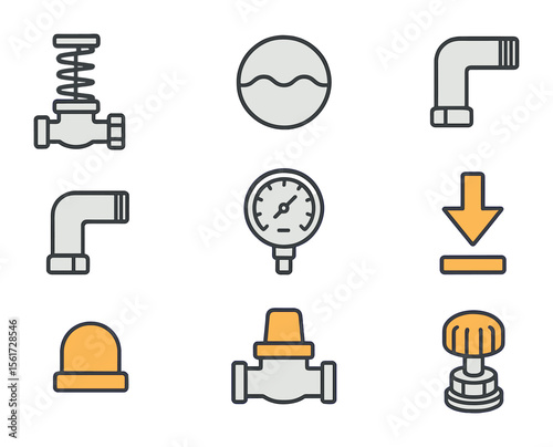 Pressure Valve Icons. Flat icon set of pressure relief valve components: spring-loaded valve, diaphragm symbol
