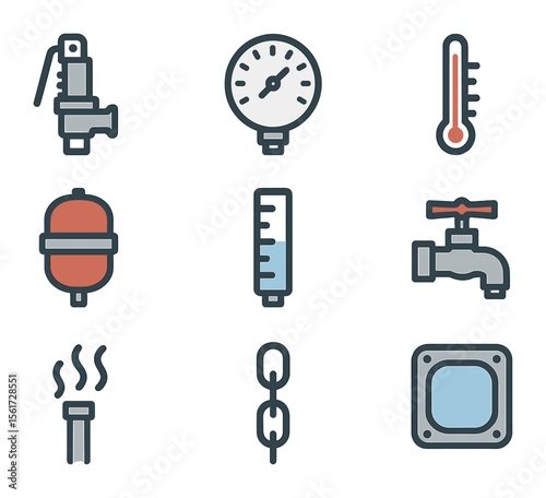 Boiler Safety Icons. Flat icon set of boiler safety devices: pressure relief valve, pressure gauge,