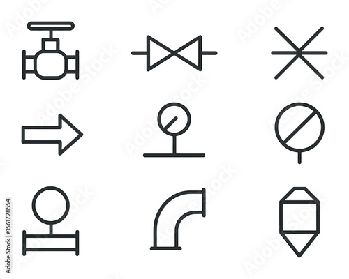 Piping Symbol Grid. Flat icon set of piping and instrumentation symbols: pressure valve symbol, check valve