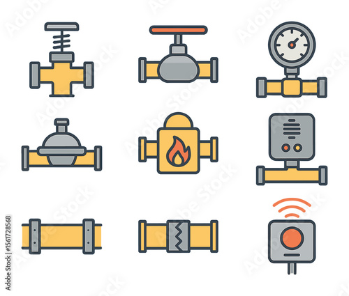 Gas Pipeline Safety Icons. Flat icon set of gas pipeline safety: relief valve, shut-off valve, pressure gauge,