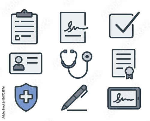 Medical Consent Icon Set. Flat icon set of medical consent form elements: clipboard with form, patient