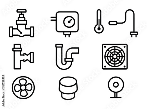 HVAC Safety Icon Set. Flat icon set of HVAC safety components: pressure relief valve, pressure switch,