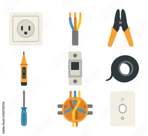Electrical Tools Icon Set. Flat icon set of rewiring electrical outlets: wall socket, electrical wire, wire