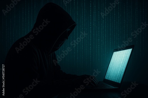 Mysterious figure working on a laptop shrouded in shadows with a backdrop of green code