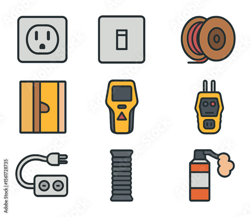 Residential Wiring Icons. Flat icon set of residential wiring elements: three-prong outlet, switch plate,