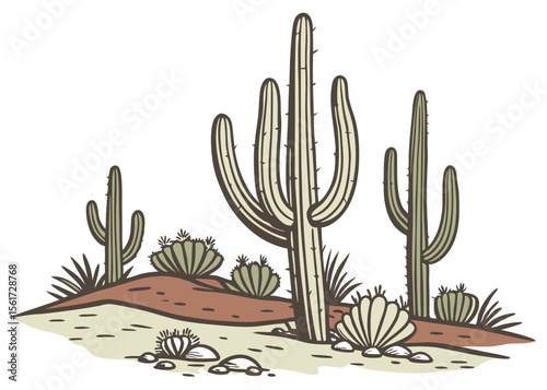 Desert landscape with saguaro cactus and arid plants in arizona scenery background vector illustration