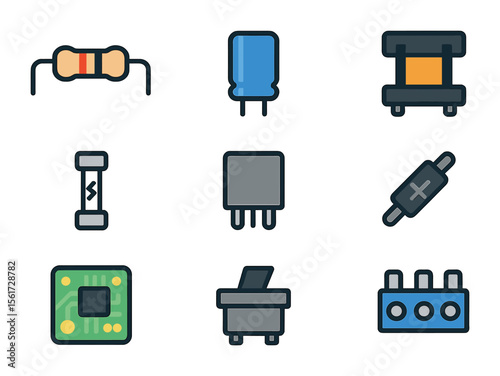 Electrical Components Icons. Flat icon set of electrical components: resistor, capacitor, transformer, fuse,