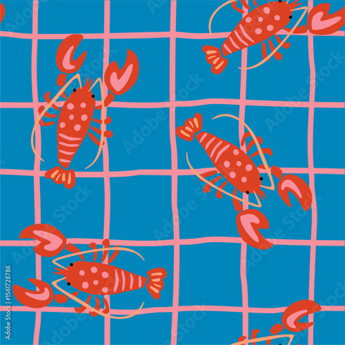 Checkered seamless pattern with lobster