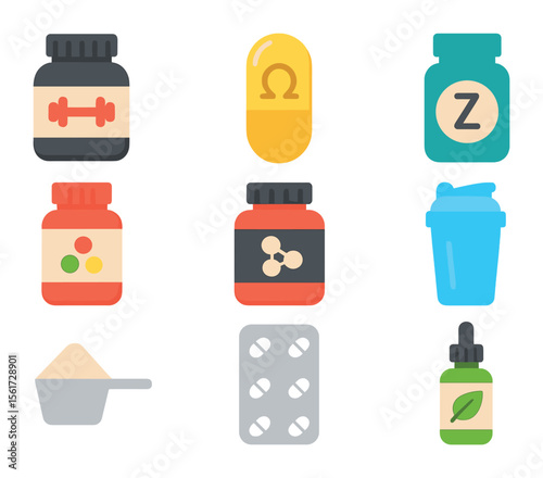 Men's Health Supplement Icons. Flat icon set of men's health supplements: protein jar, omega capsule, zinc