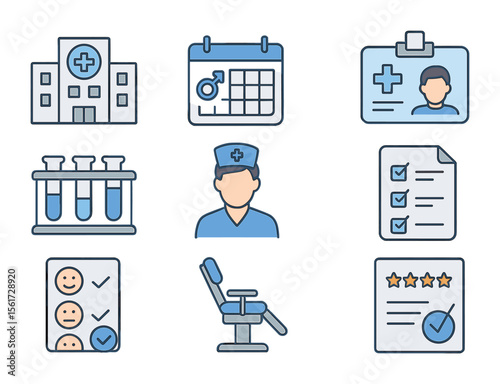 Men's Health Icons. Flat icon set of men’s health checkup visit: hospital building, appointment calendar,