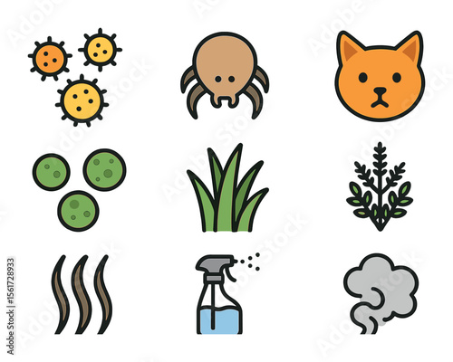Allergen Icon Collection. Flat icon set of common allergens: pollen grains, dust mite, cat dander, mold spores