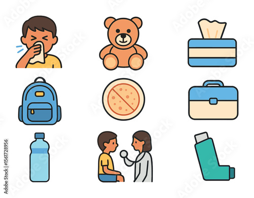 Children Allergy Icons. Flat icon set of children with allergies: child sneezing, stuffed animal, tissue box,
