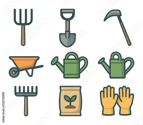 Rural Farming Tools Icons. Flat icon set of rural farming tools: pitchfork, shovel, hoe, wheelbarrow, watering