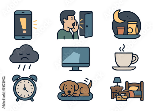 Sleep Disruptors Icons. Flat icon set of sleep-disrupting factors: phone light, noisy neighbor, late-night
