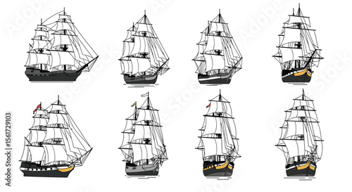 Collection of eight detailed pixel art sailing ship illustrations featuring intricate rigging and billowing sails on a white background showcasing maritime history and naval warfare artistry