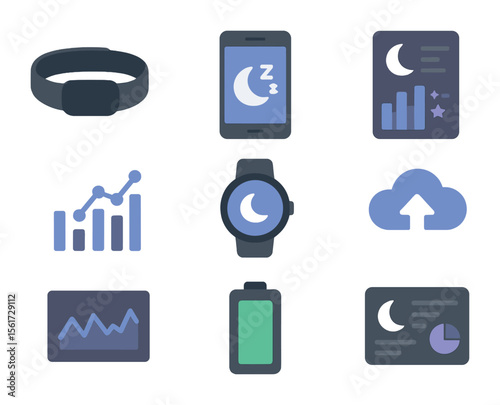 Sleep Tracker Icons. Flat icon set of sleep tracking tools: sleep band, mobile app, sleep stats screen, graph,