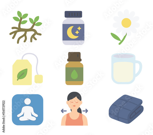Natural Sleep Aids Icons. Flat icon set of natural sleep aids: valerian root, melatonin bottle, chamomile