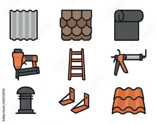 Roofing Tools Icons. Flat icon set of roofing and covering: metal sheet, shingles, tar paper, nail gun, roof