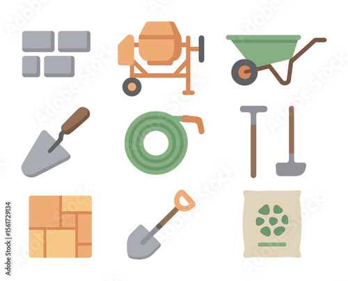 Patio Essentials Icons. Flat icon set of patio building essentials: paving stones, cement mixer, wheelbarrow,
