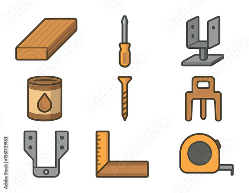 DIY Decking Icons. Flat icon set of DIY deck project: wood decking board, screwdriver, post anchor, wood stain
