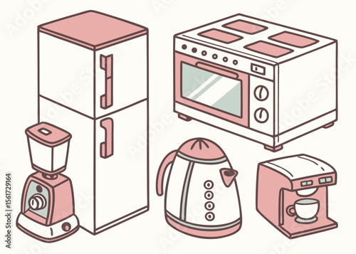 Isometric kitchen appliances refrigerator oven blender kettle coffee maker cute style vector illustration