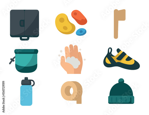 Bouldering Gear Icons. Flat icon set of bouldering activities: crash pad, climbing holds, climbing brush, hand
