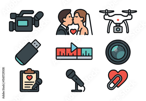 Ceremony Videography Icons. Flat icon set of videography for ceremonies: video camera, microphone, wedding