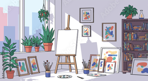 A Bright Sunny Art Studio Filled With Plants And Finished Canvases Ready For Inspiration