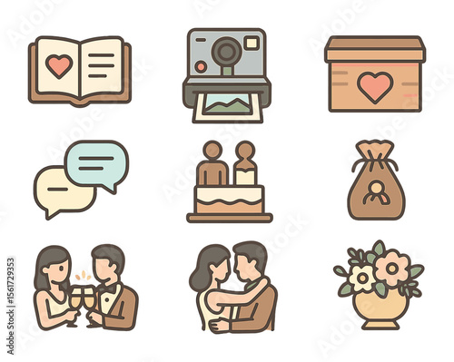 Reception Memories Icons. Flat icon set of reception memories: guestbook, polaroid camera, memory box, speech