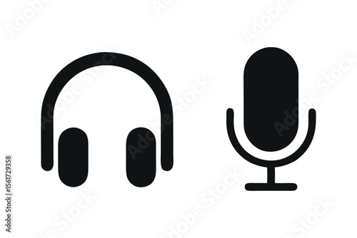 Sleek Audio Icons Headphones and Microphone for Recording and Listening Black Silhouettes on White Background Studio Equipment and Technology
