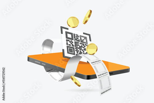 Pay for online purchases by scanning a QR code on your smartphone and a paper receipt or invoice will appear and float in air around area, vector 3d isolated on white background for financial concept