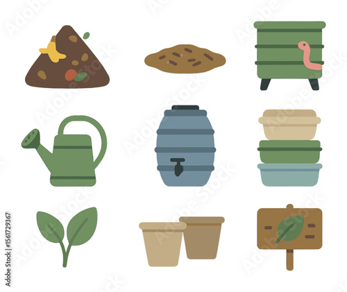 Sustainable Gardening Icons. Flat icon set of sustainable gardening elements: compost pile, mulch, worm bin,