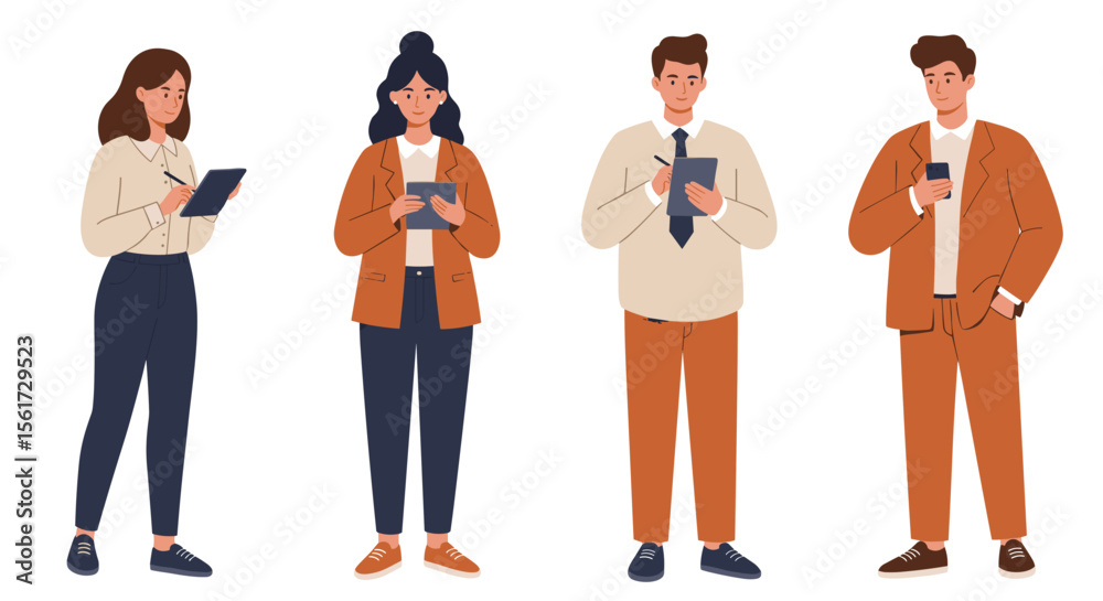Obraz premium Group of four young professionals using devices and taking notes 