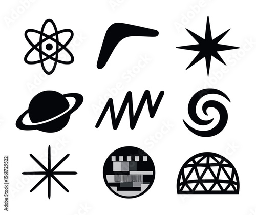 Atomic Age Symbols. Flat icon set of atomic age symbols: atom icon, boomerang shape, starburst, Saturn ring,