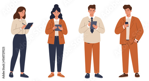 Group of four young professionals using devices and taking notes  