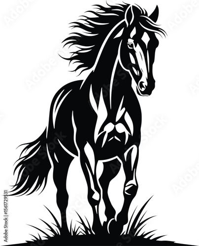 Majestic black horse with flowing mane and tail standing in grass white animal