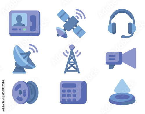 Future Communication Icons. Flat icon set of future communication devices: video phone, signal satellite,
