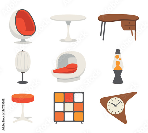 Space Age Furniture Icons. Flat icon set of space age furniture: egg chair, tulip table, kidney desk, bubble