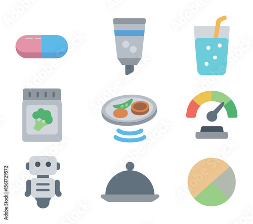 Futuristic Food Icons. Flat icon set of future food concepts: meal pill, tube food, glowing drink,